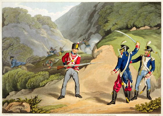 A British Soldier Taking Two French Officers at the Battle of the Pyrenees, engraved by Matthew Dubo van John Augustus Atkinson