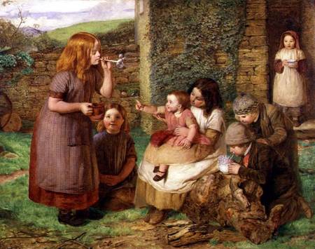 Bubbles: Cottage Scene with Children at Play van John Dawson Watson