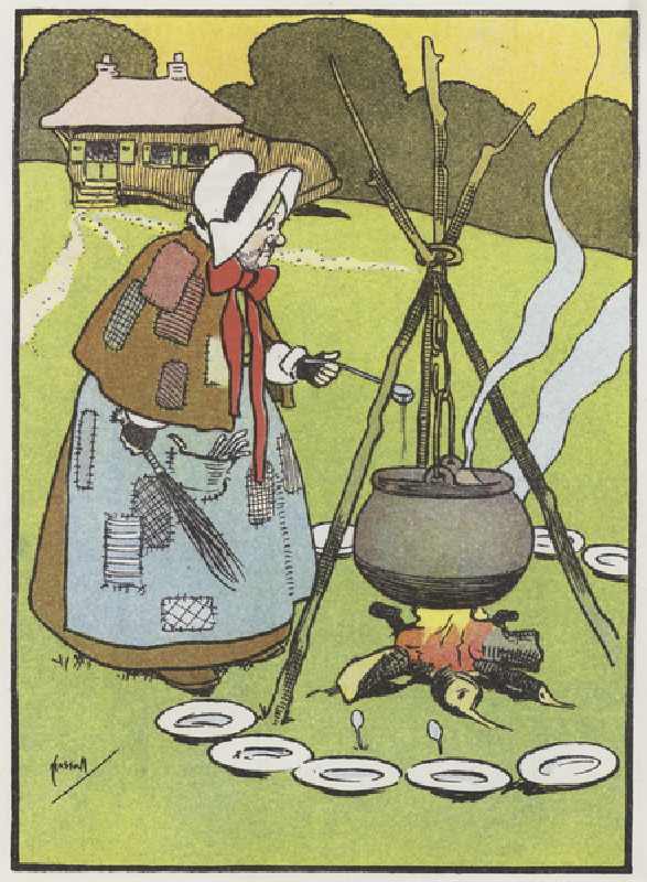 Cooking the broth (colour litho) van John Hassall