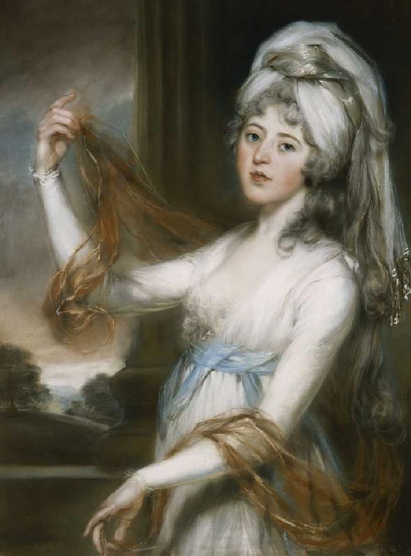 Porträt von Sarah, Ehefrau von Walker King, Bischof von Rochester in einem weißen Kleid mit einem bl van John Russell