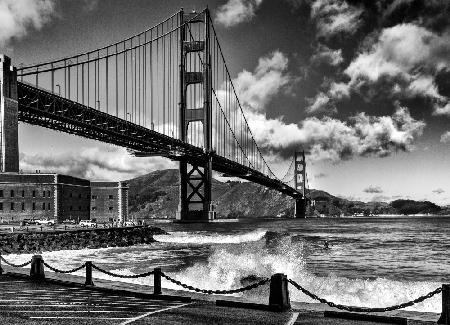 Surfing under the Golden Gate Bridge