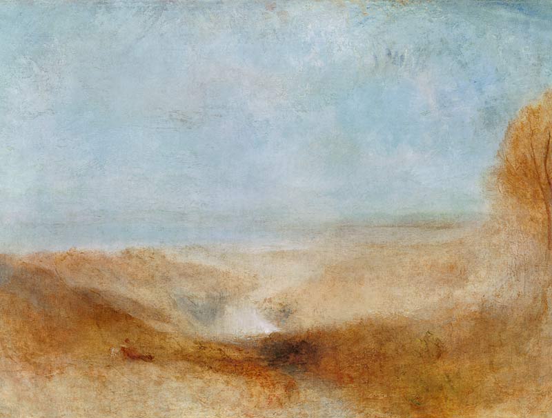 Landschaft mit Fluß und Bucht in der Ferne van William Turner