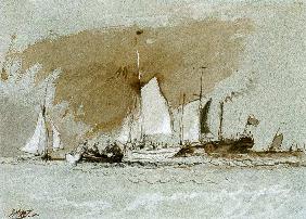 Fishing Boats at Sea, boarding a Steamer off the Isle of Wight