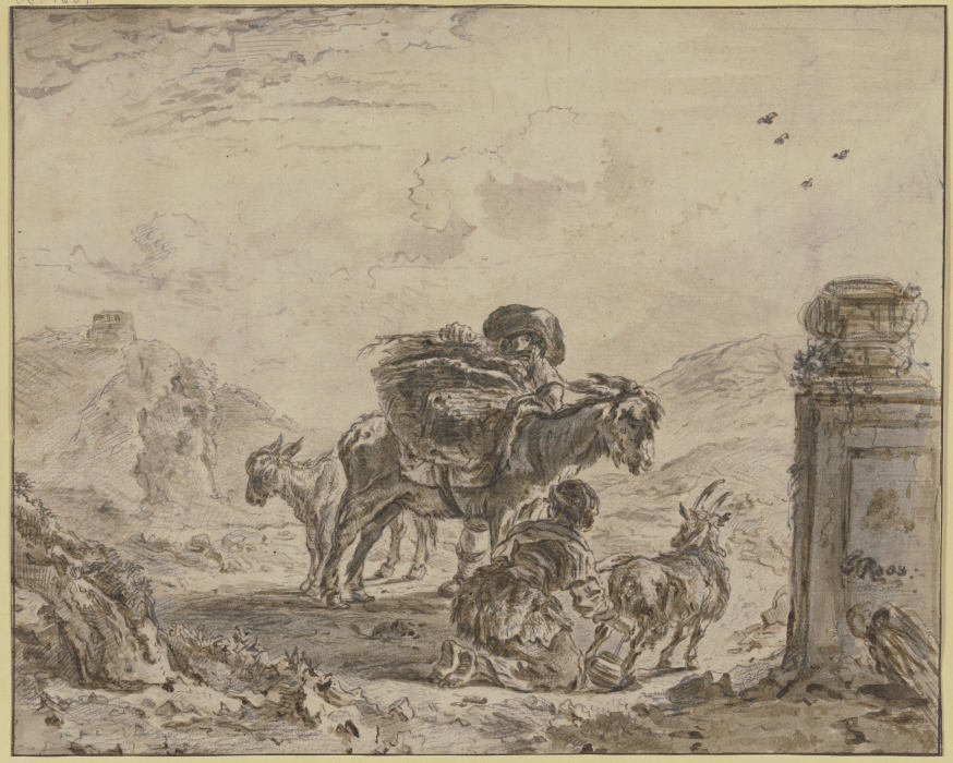 Landschaft mit einem Bauern mit beladenem Esel und zwei Ziegen, derer eine von einem Mädchen gemolke van Joseph Roos