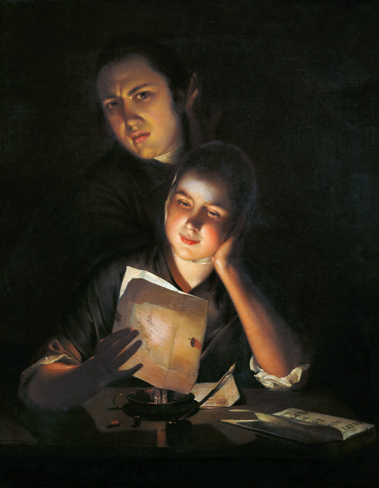 A Girl reading a letter by Candlelight, with a Young Man peering over her shoulder van Joseph Wright of Derby