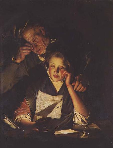 A Girl reading a Letter, with an Old Man reading over her shoulder van Joseph Wright of Derby
