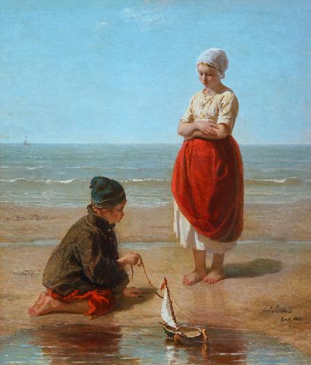 Spelende visserskinderen op het strand 
