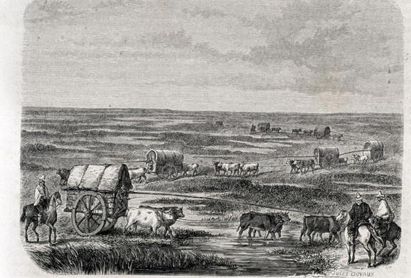Wagon Train on the Argentinian Pampas in the 1860s, engraved by Alfred Louis Sargent (b.1828) (engra van Jules Antoine Duvaux