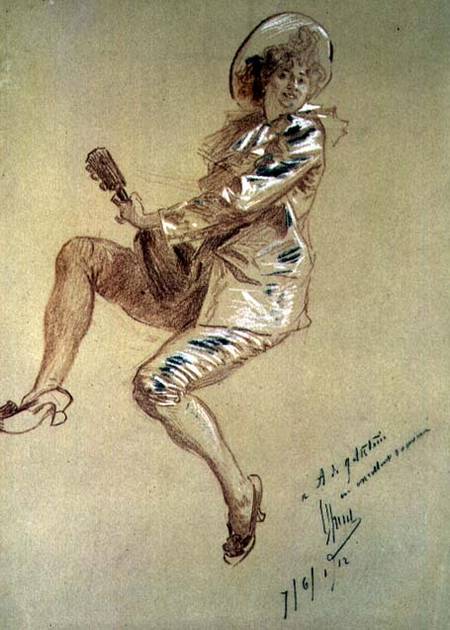 Woman Playing a Lute van Jules Chéret
