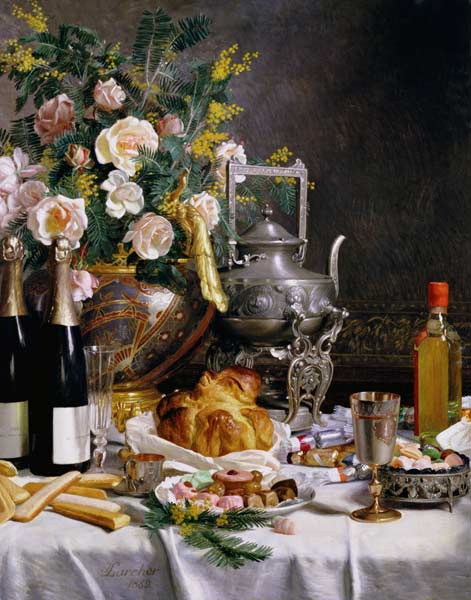 Champagner, Gebäck and Kuchen auf einer gedeckten Tafel van Jules Larcher