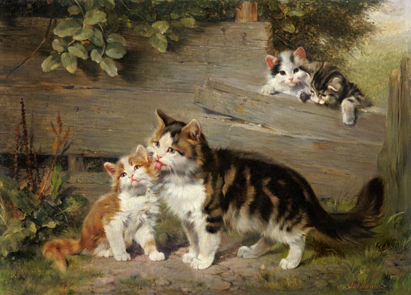 Katzenmutter mit drei Jungen van Julius Adam