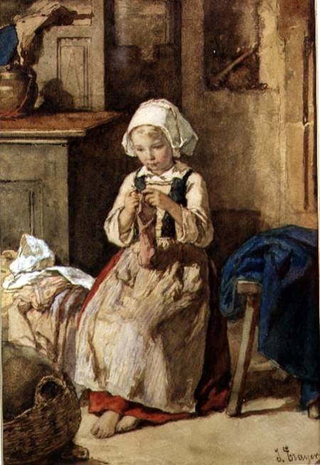Young girl sewing van Julius Trayer