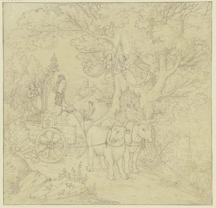 Die Heilige Elisabeth auf einem mit Ochsen bespannten Wagen, von Engeln geleitet van Karl Ballenberger