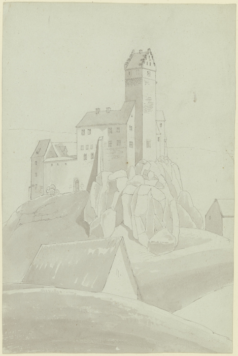 Schloß mit viereckigem Turm auf Felsen stehend van Karl Ballenberger