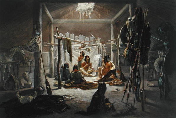 The Interior of the Hut of a Mandan Chief, plate 19 from Volume 2 of 'Travels in the Interior of Nor van Karl Bodmer