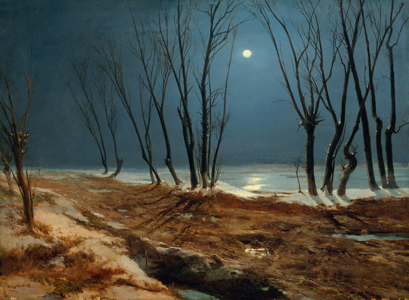 Landschaft im Winter bei Mondschein van Karl Eduard Ferdinand Blechen