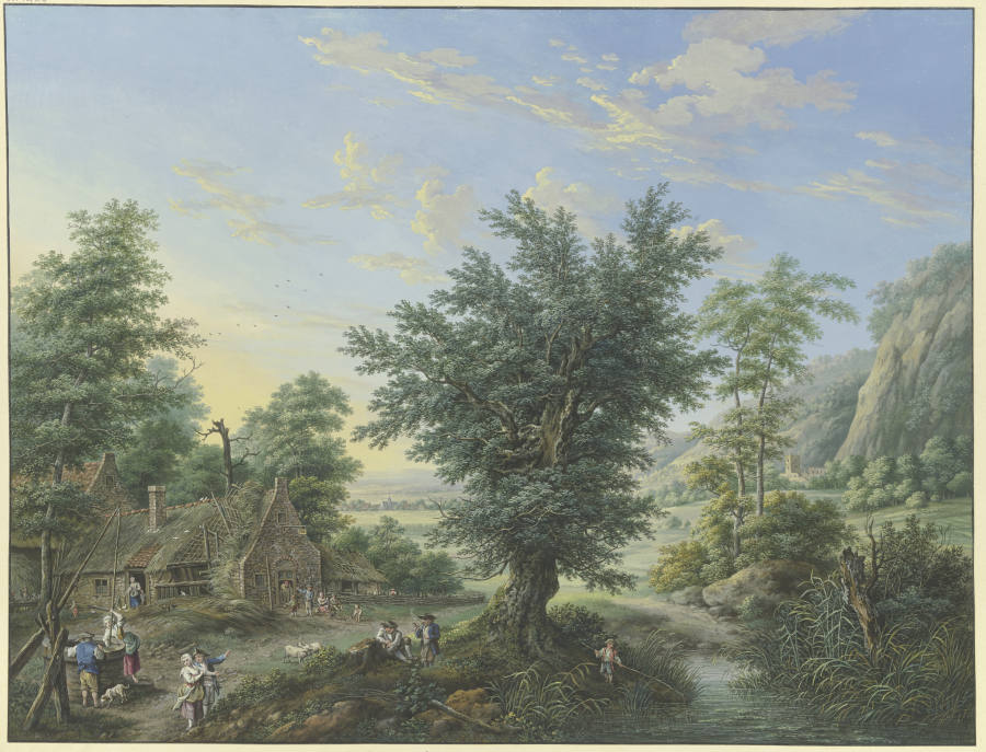 Reiche Landschaft mit Bäumen, Wiesen und Dörfern, vorne links eine Hütte mit Ziehbrunnen und vielen  van Karl Franz Kraul