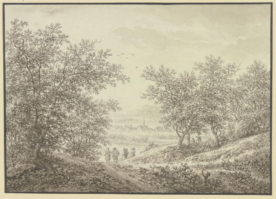 Waldausgang mit Blick auf ein Dörfchen, im Vordergrund vier Figuren van Karl Franz Kraul