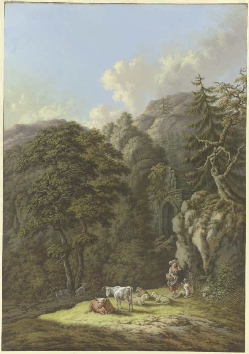Waldige Berglandschaft mit einem alten Tor und einer Viehherde in einer Lichtung van Karl Franz Kraul