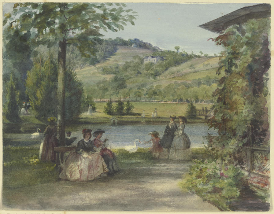Parklandschaft mit Teich und Schwänen van Karl von Müller