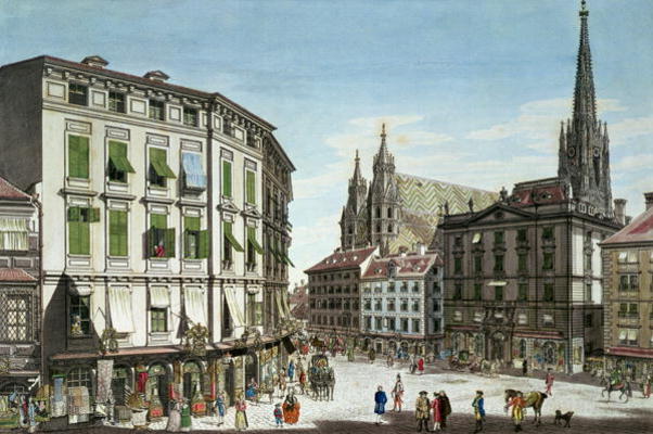 Stock-im-Eisen-Platz, with St. Stephan's Cathedral in the background, engraved by the artist, 1779 ( van Karl von Schutz