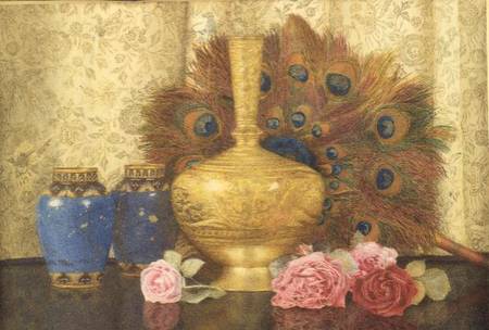 Eastern Presents: Cloisonne Vase, Peacock Feathers, Damask Roses and Indian Vase van Kate Hayllar