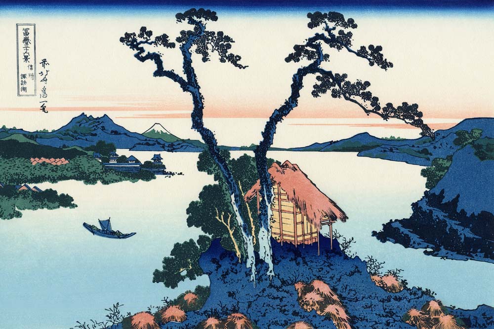 Lake Suwa in the Shinano province (from a Series "36 Views of Mount Fuji") van Katsushika Hokusai