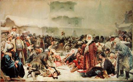 Destruction of Novgorod by Tsar Ivan III (1440-1505) van Klawdij Wassiljewitsch Lebedjeff