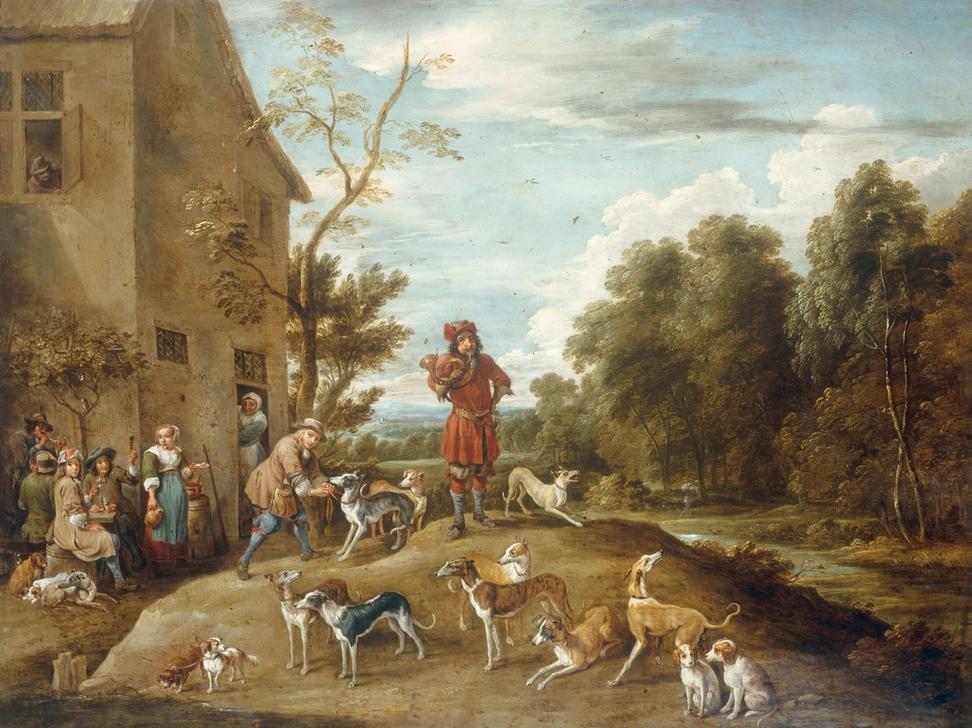 Huntsmen and Hounds in a Landscape van Lambert de Hondt
