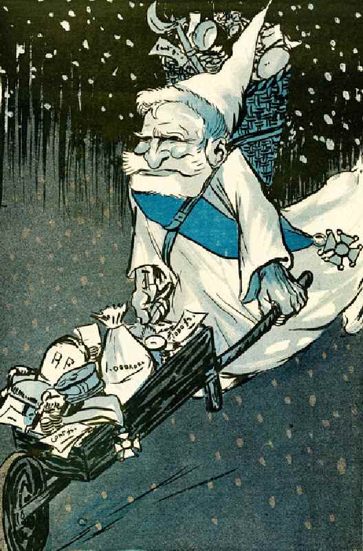 The Christmas for big kids - French President Emile Loubet dressed as Santa Claus with a wheelbarrow van Leal de Camara