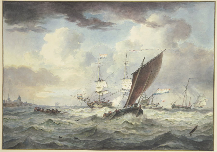 Stark bewegte See mit vielen Schiffen, ein großes Schiff lädt eine Kanone, davor ein Boot von vorne  van Leendert de Koningh