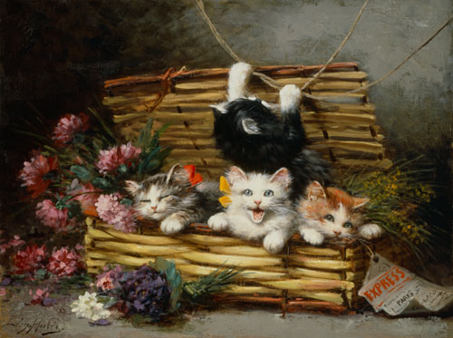 Ein Korb voller Katzen van Léon Charles Huber