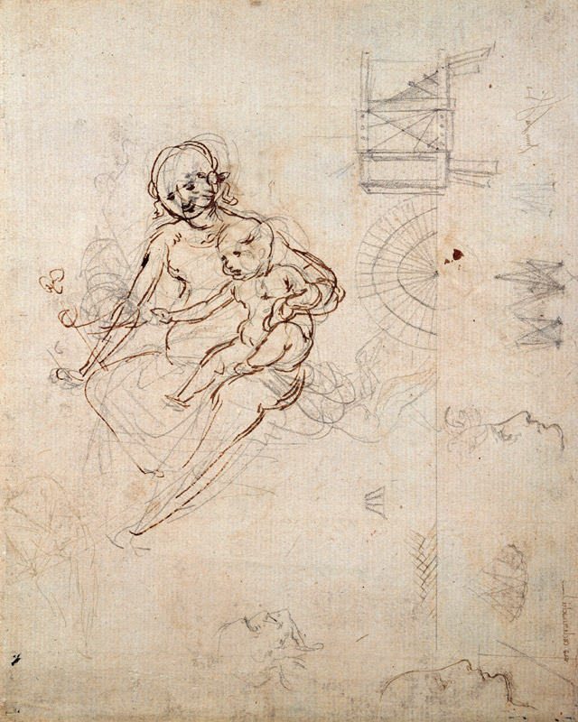 Studies for a Virgin and Child and of Heads in Profile and Machines, c.1478-80 (pencil and ink on pa van Leonardo da Vinci