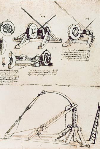 Study for catapults (pen & ink on paper) van Leonardo da Vinci