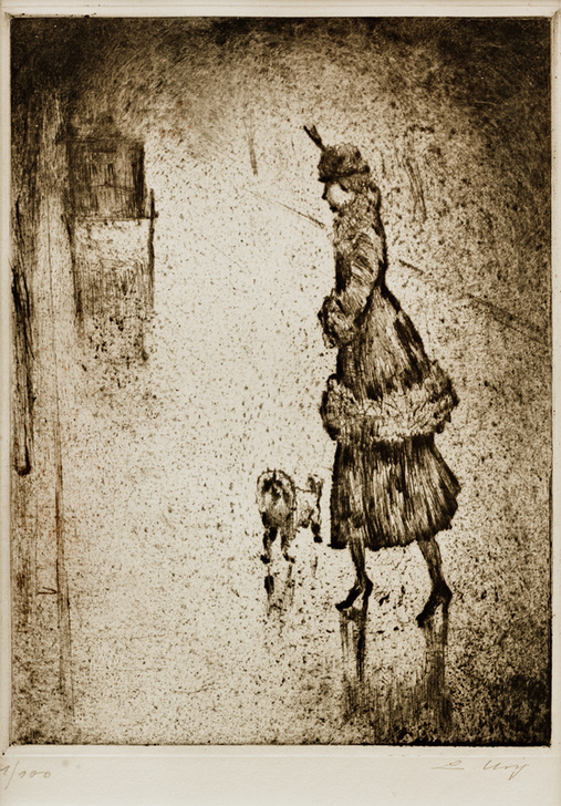 Dame mit Pudel auf regennasser Straße (Droschke links) van Lesser Ury