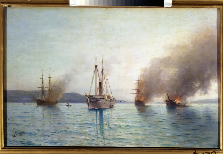 Russian torpedo boat tender Grand Duke Konstantin destroying the Turkish ships at Bosphorus on 1877 van Lew Felixowitsch Lagorio