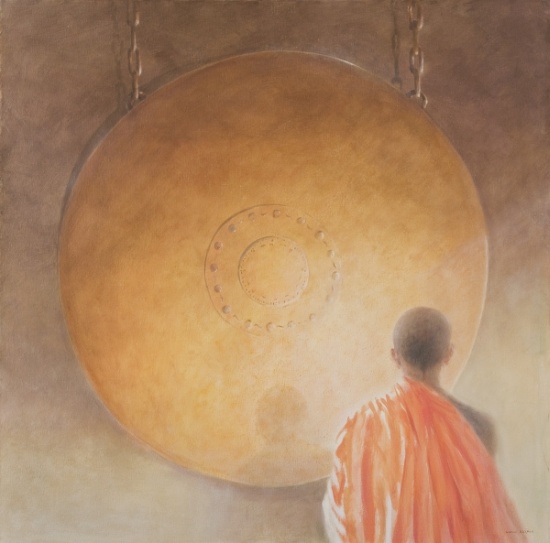 Young Buddhist Monk and Gong, Bhutan van Lincoln  Seligman