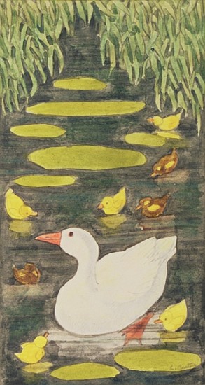 Mother Duck in the pond with her ducklings van Linda  Benton