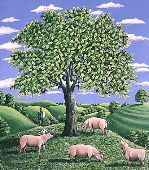 Pigs under an oak tree, 1985 (gouache)  van Liz  Wright