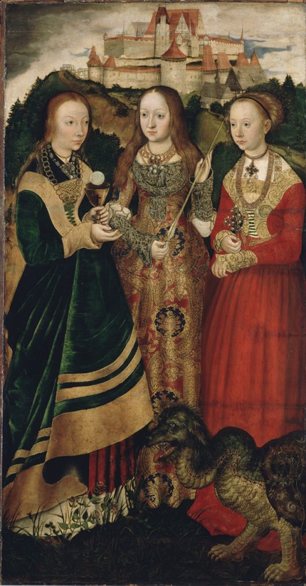 Altarpiece with the Martyrdom of Saint Catharine, right wing: The Saint Barbara, Ursula and Margaret van Lucas Cranach (de oude)