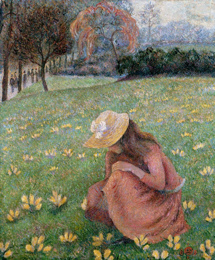 Lentelandschap met bloeiende krokus van Lucien Pissarro