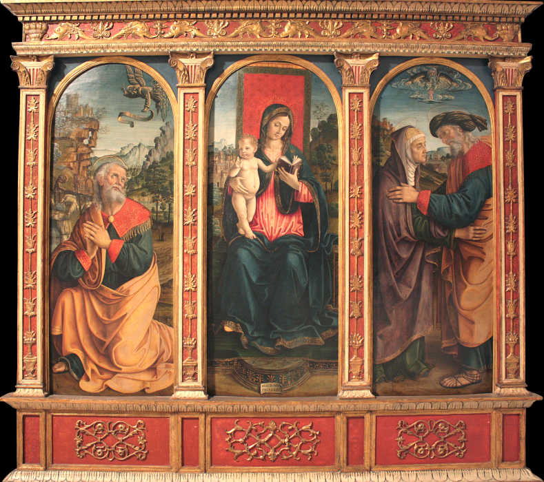 Virgin and Child, The Annunciation to Joachim, and The Meeting at the Golden Gate van Macrino d'Alba
