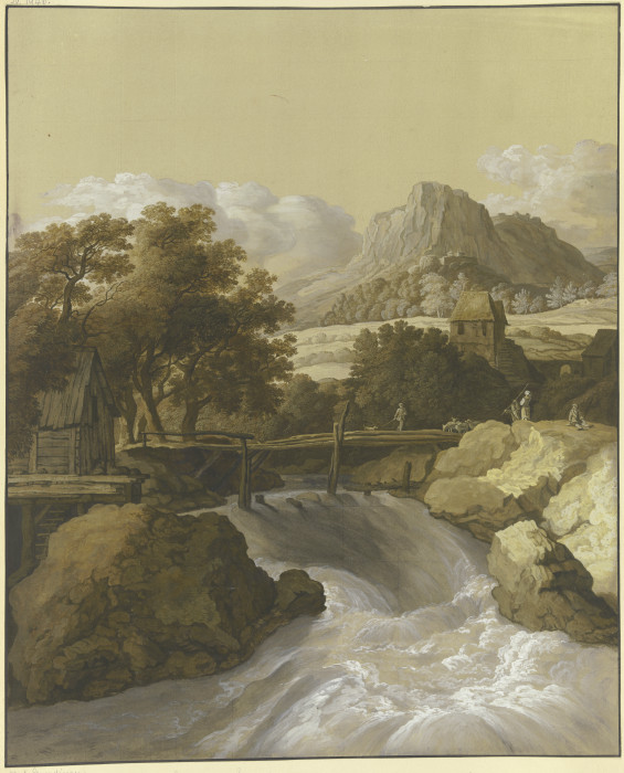 Ein reißender Bach mit einer Brücke und Blick in ein Tal van Maria Katharina Prestel