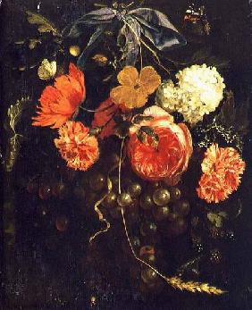 Still Life with a Swag of Fruits and Flowers Tied with a Blue Ribbon