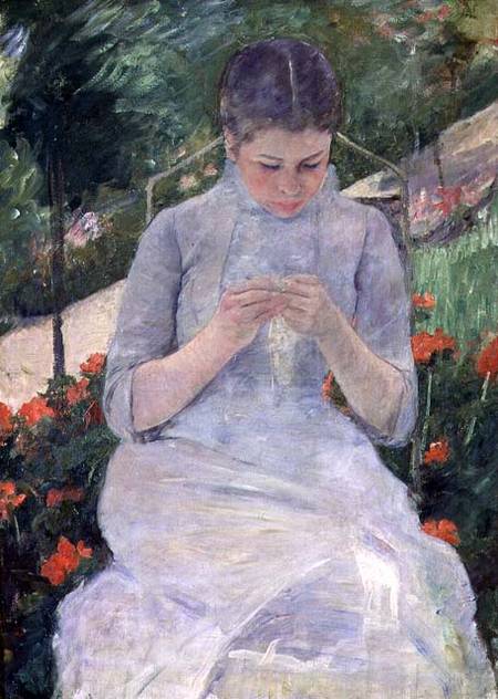 Young Woman Sewing in the garden van Mary Cassatt