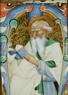 Historiated initial 'M' depicting a bearded saint with a book (vellum) van Master of San Michele of Murano
