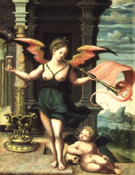 An Allegory of Fame (panel) van Master of the Female Half Lengths