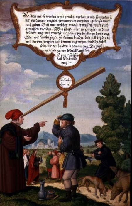 'Why note the splinter in your brother's eye, and fail to see the plank in your own eye?', illustrat van Matthias Gerung or Gerou