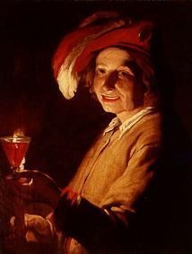 Junger Mann mit Weinglas und Kerze van Matthias Stomer