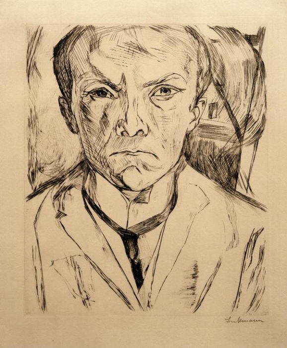 Self-portrait from the front, in the background Hausgiebel van Max  Beckmann